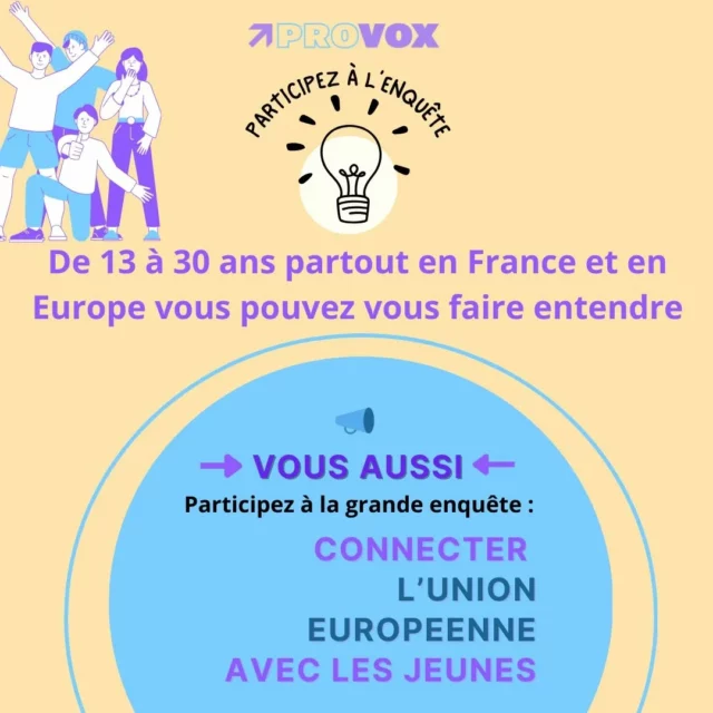 📢Ce printemps participez à la Grande enquête #Provox ! Ne laissez pas les autres s'exprimer à votre place ! ✊ 
➡ https://provox.typeform.com/to/S6hwnF7n
.
.
#jeunesse #youth #europe #ue #participation